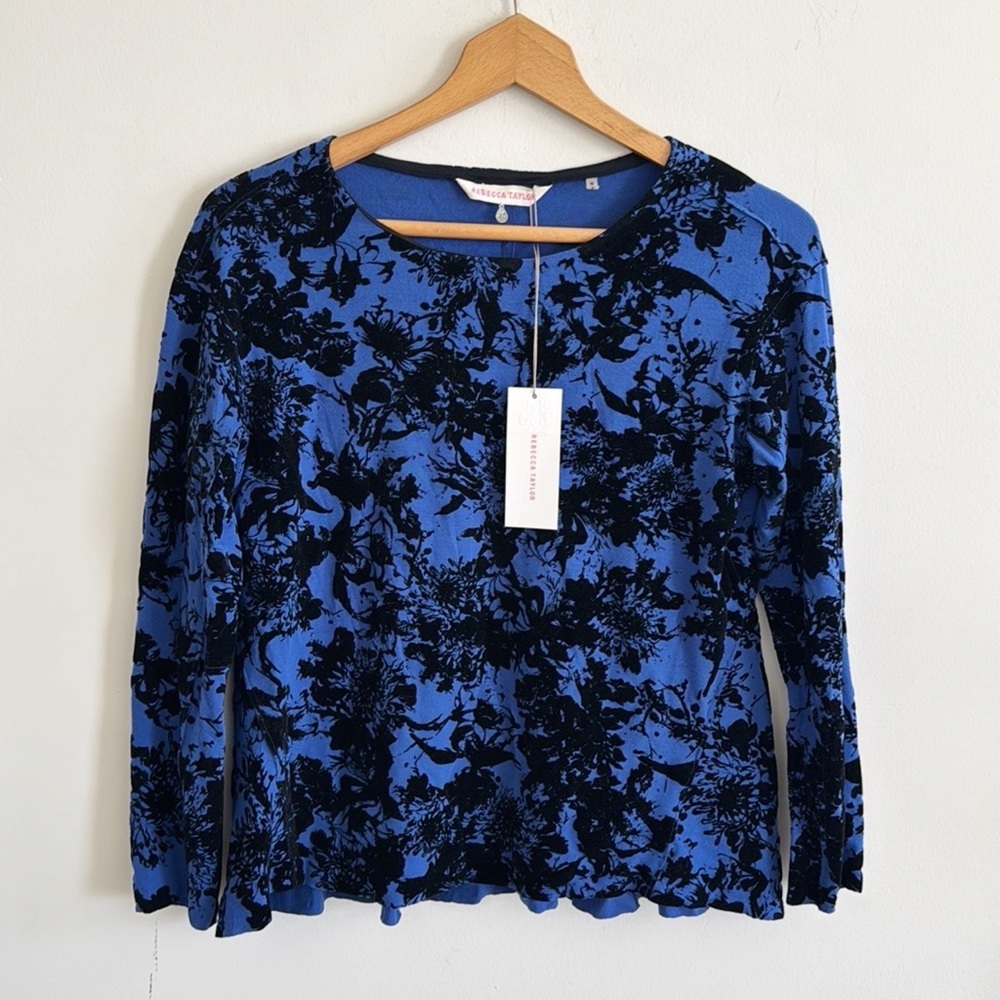 Rebecca Taylor black/blue velvet floral detail long sleeve knit top NWT size XS